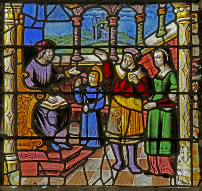 Window depicting the Parents of Saint Nicholas delivering the Saint to a Teacher by French School